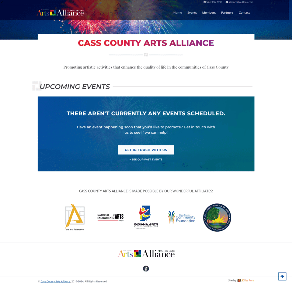 A screenshot of the homepage of the Cass County Arts Alliance website.