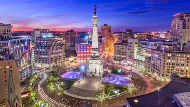 An evening view of Monument Circle in Indianapolis, Indiana