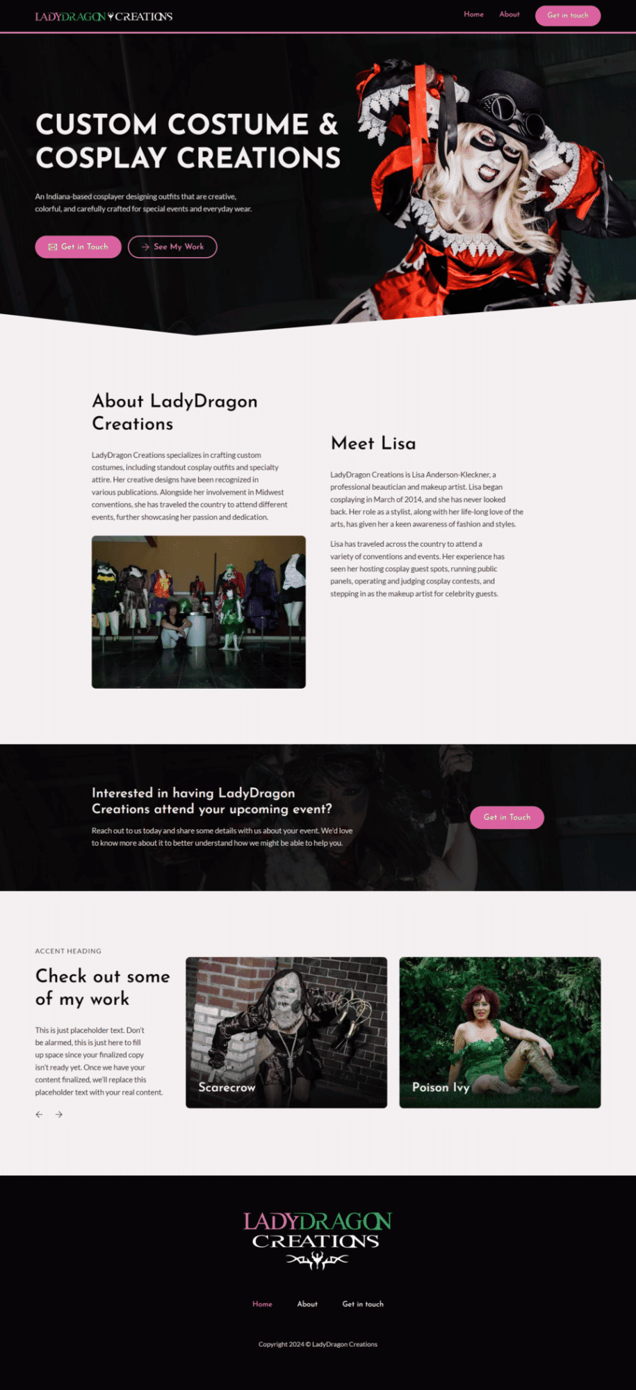 A screenshot of the homepage of the LadyDragon Creations website.